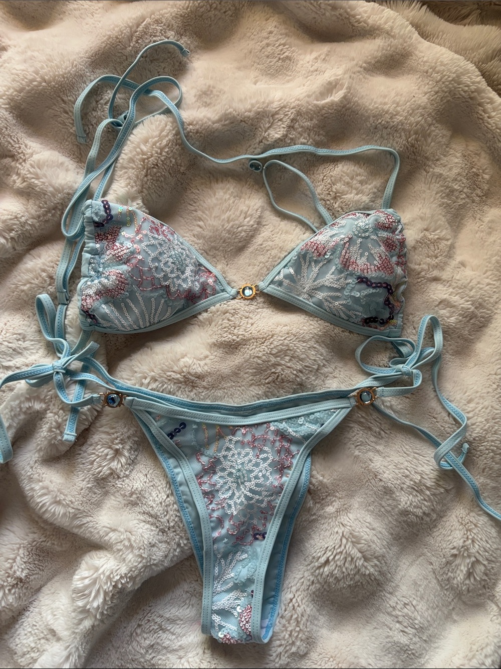 Strawberry Milk Mob Light Blue Embroidered Triangle Bikini